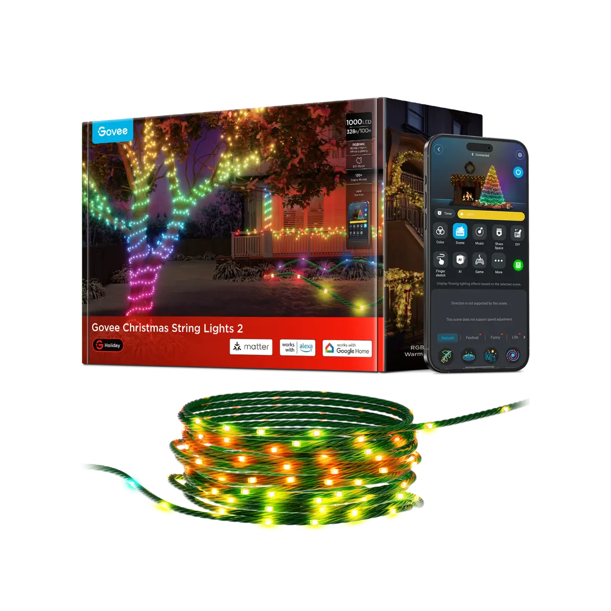 Govee Christmas String Lights 2 328 ft box with a decorated outdoor tree, phone app and coiled lights