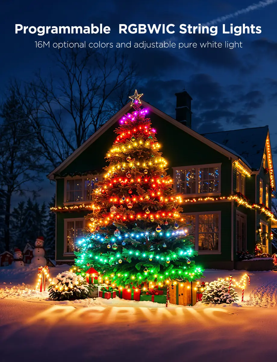Christmas tree and house wrapped in colourful programmable RGBWIC string lights in the snow