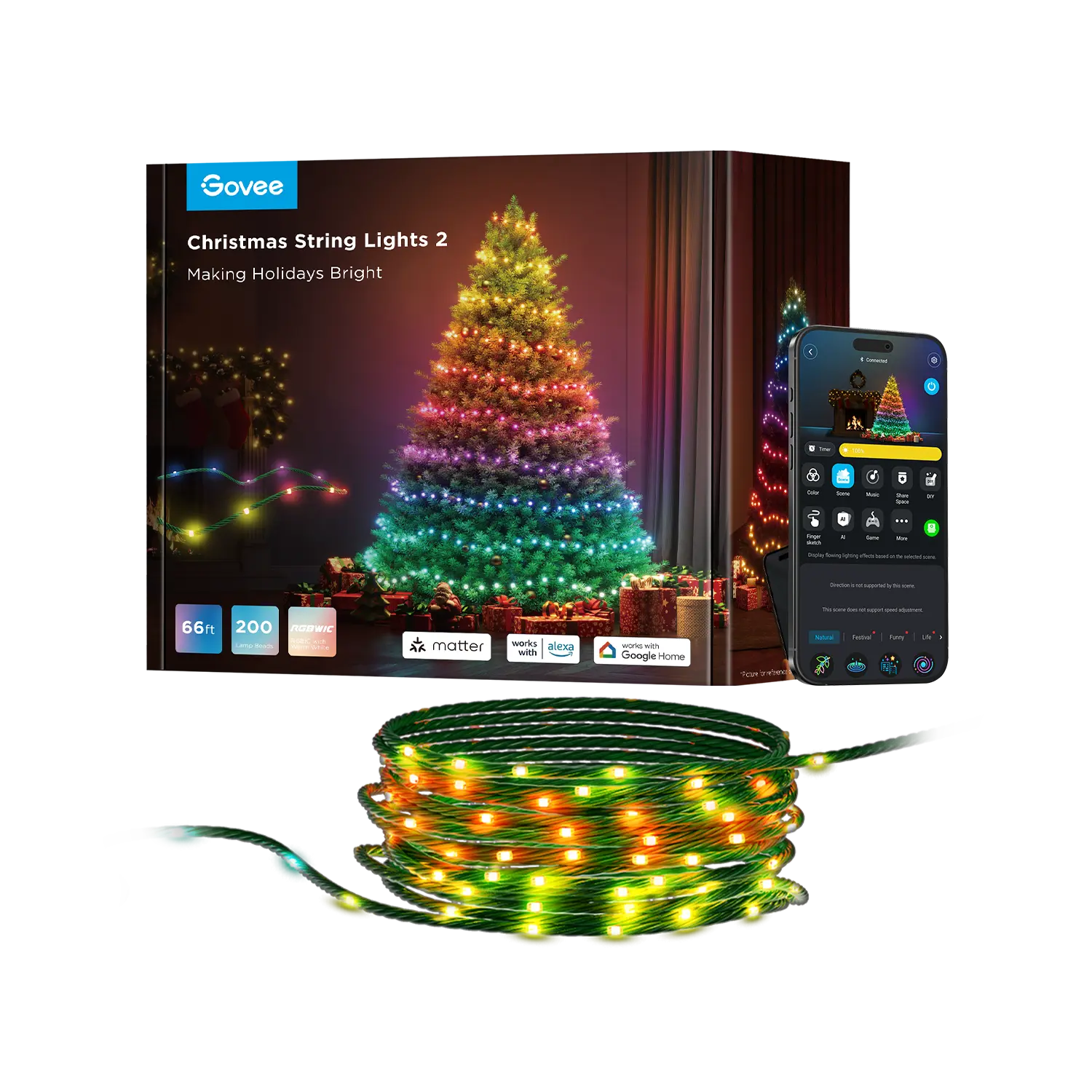 Govee Christmas String Lights 2 retail box with a decorated tree, phone app and coiled green wire lights