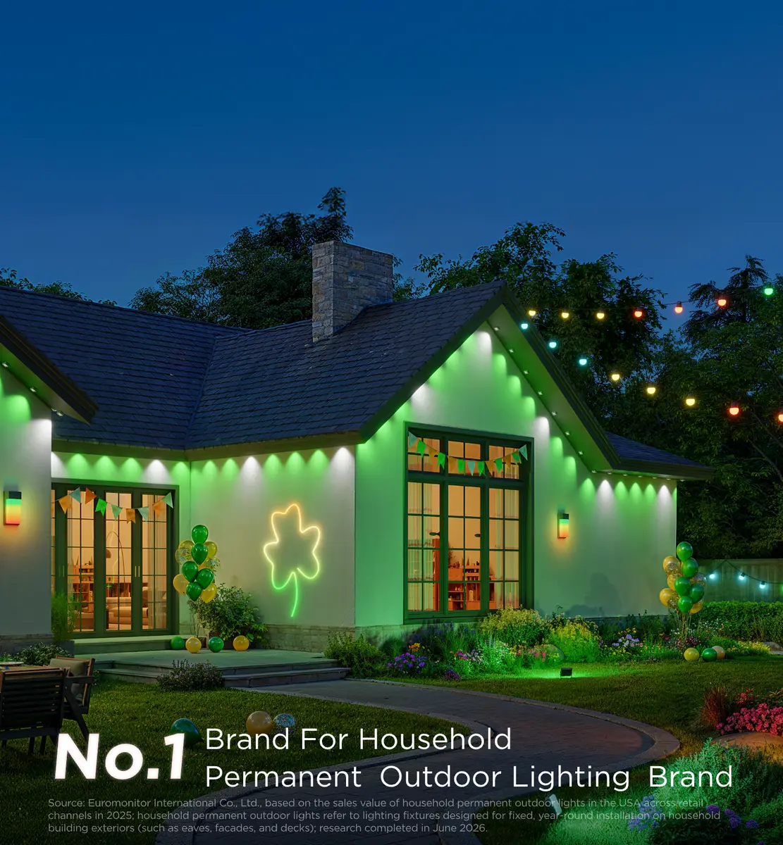 House roofline lit in green by Govee permanent outdoor lights at night