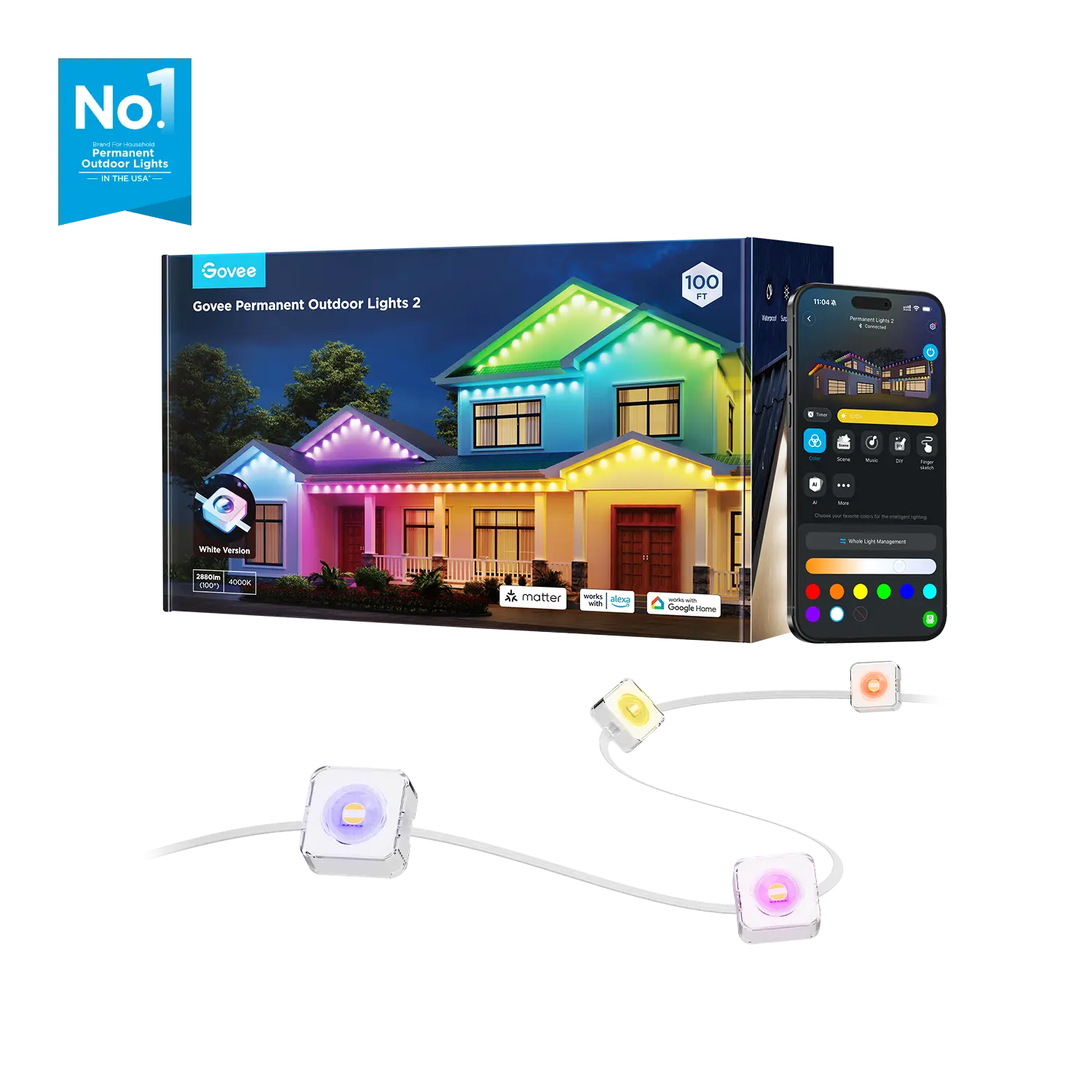 Govee Permanent Outdoor Lights 2 box with light pods and the app