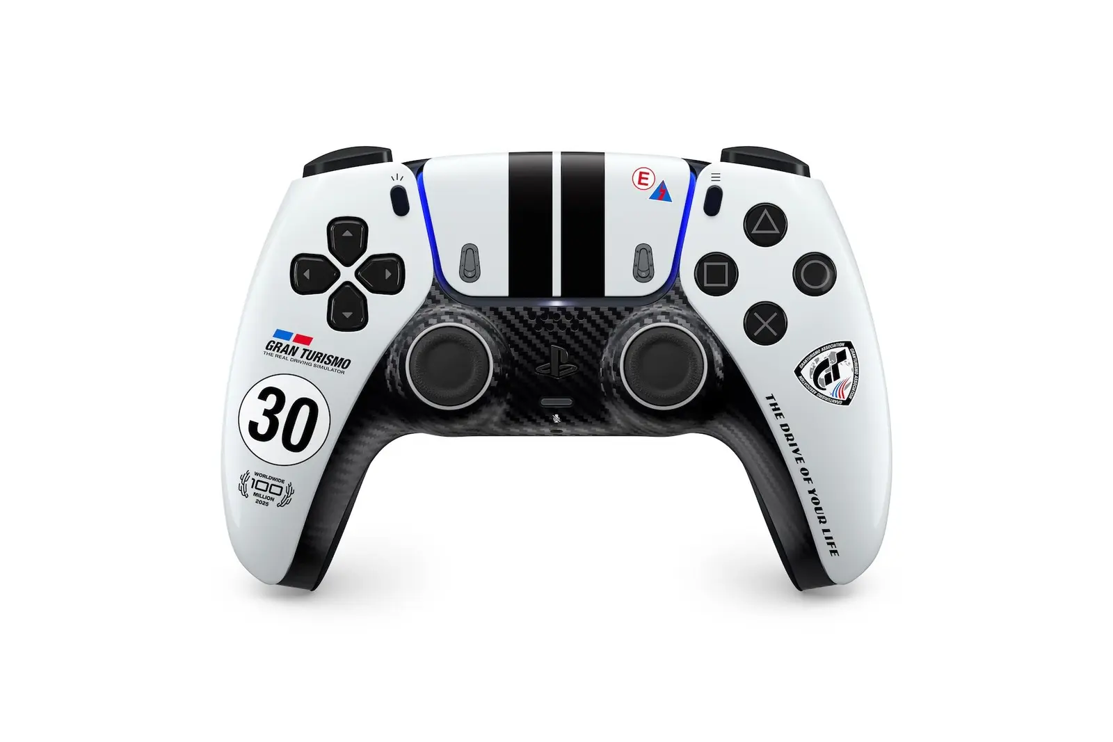 Manette DualSense blanche avec bandes de course noires et motifs Gran Turismo