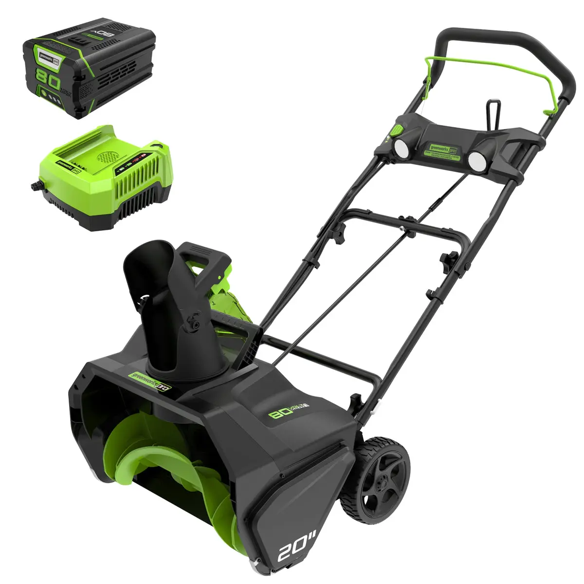 Greenworks Pro 80V 20-inch cordless snow blower shown with its battery and charger