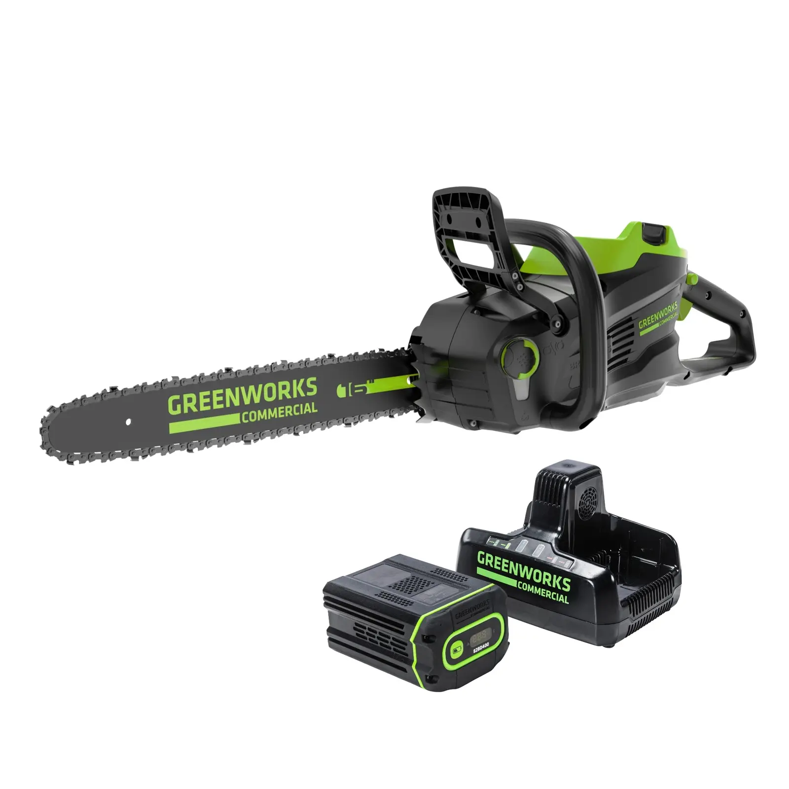 Greenworks Commercial 82V 16-inch chainsaw with battery and dual port charger