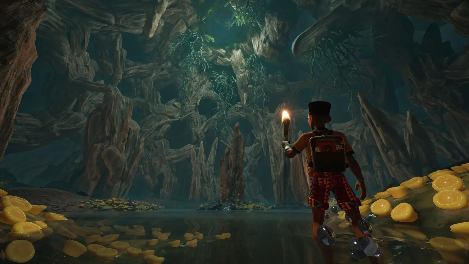 Un jugador de Grounded 2 con una antorcha explora una cueva oscura dentro del Woodpile