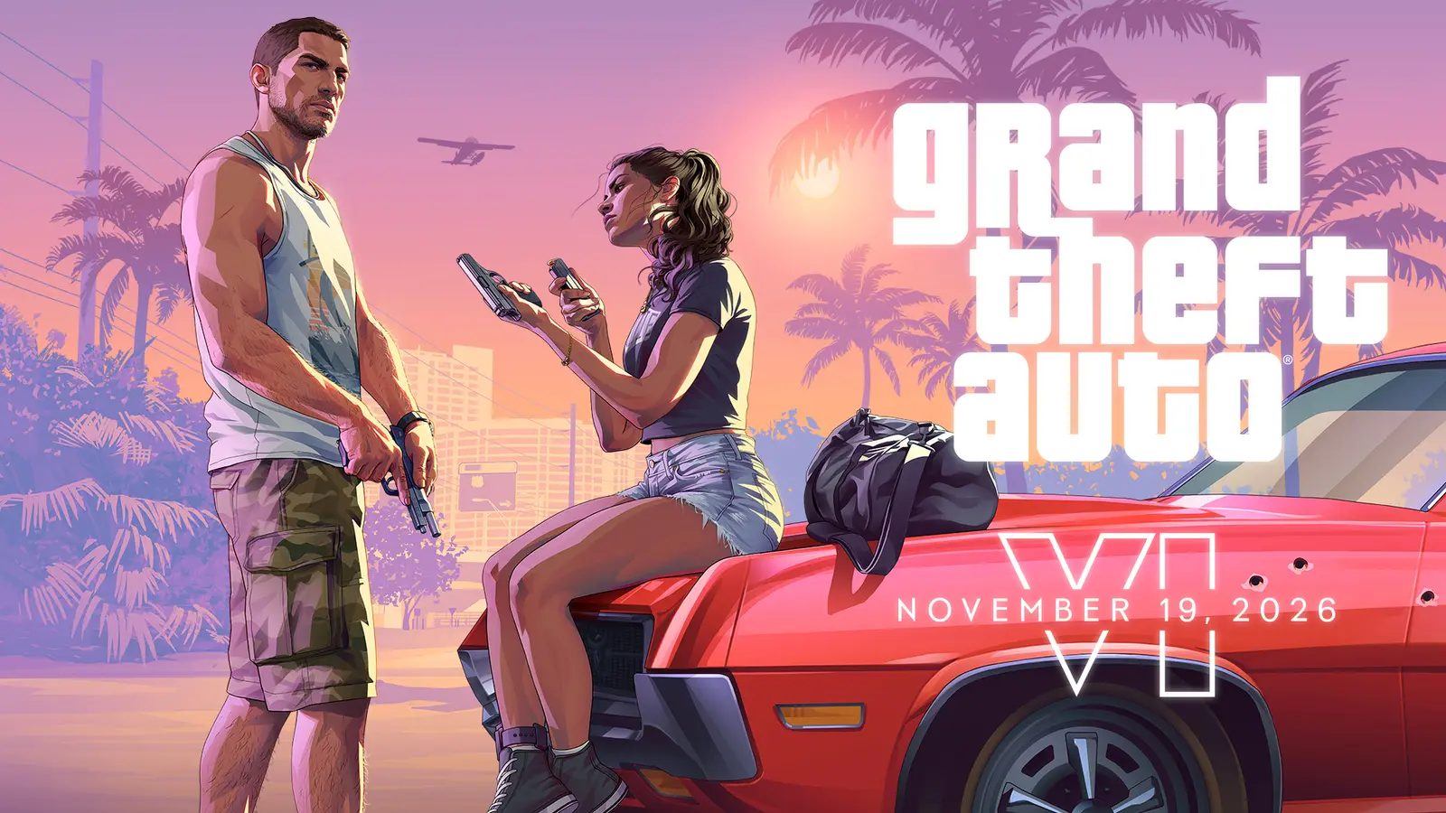 Jason and Lucia, the two lead characters of Grand Theft Auto VI, pose beside a red car in front of palm trees at sunset