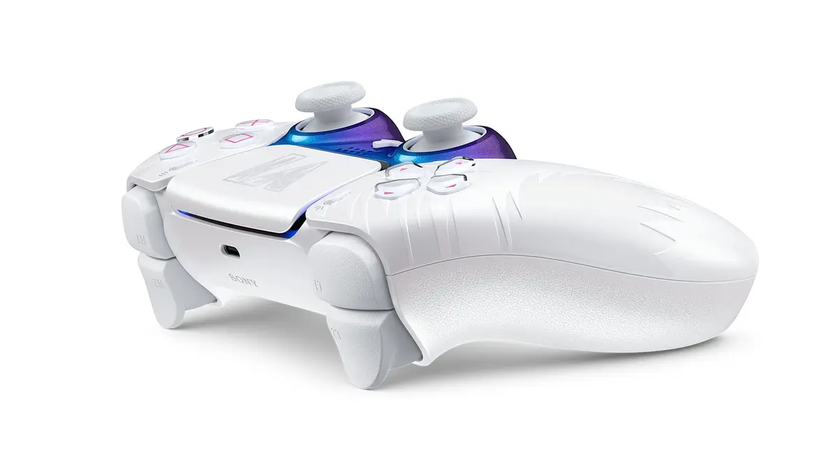 White Limited Edition controller from the side, showing the molded grip
