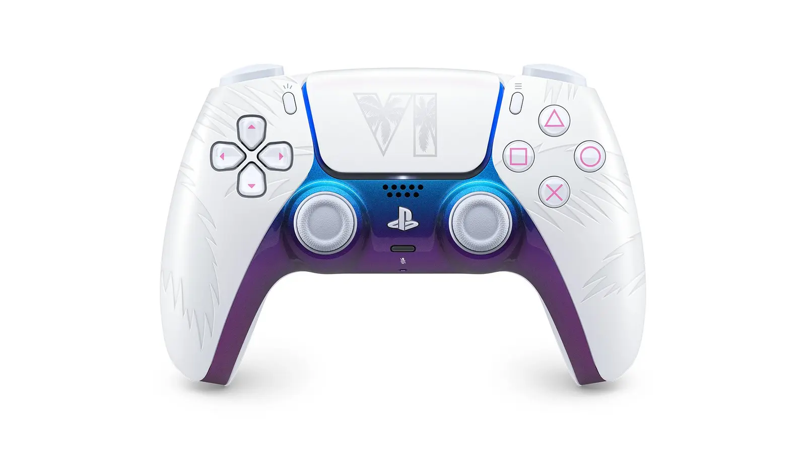 The white Grand Theft Auto VI Limited Edition DualSense controller with purple and blue accents