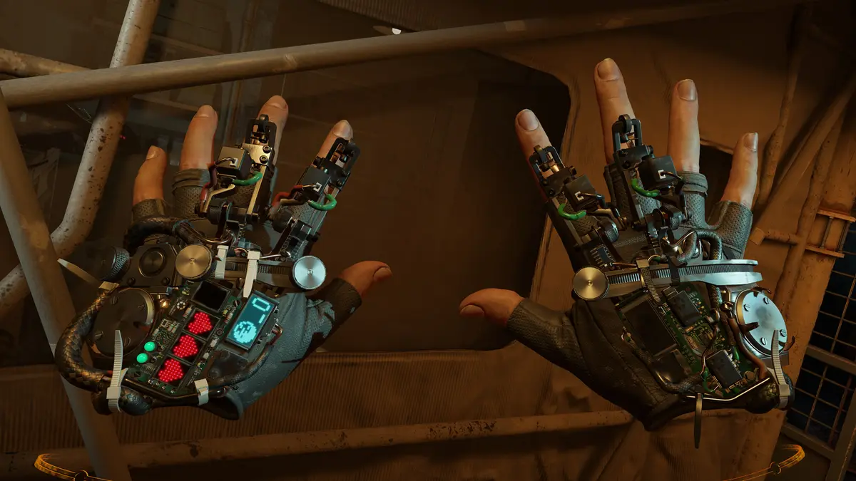 Screenshot of the player's hands wearing the game's gravity gloves