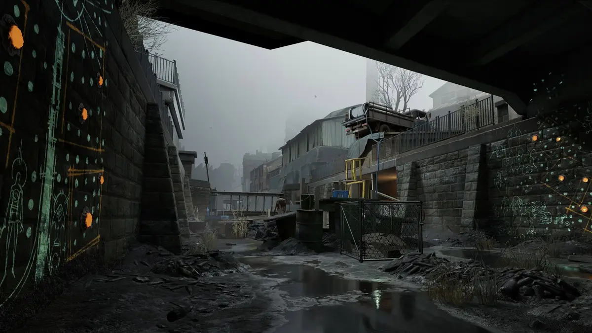 Screenshot of a dim concrete underpass with debris and puddles