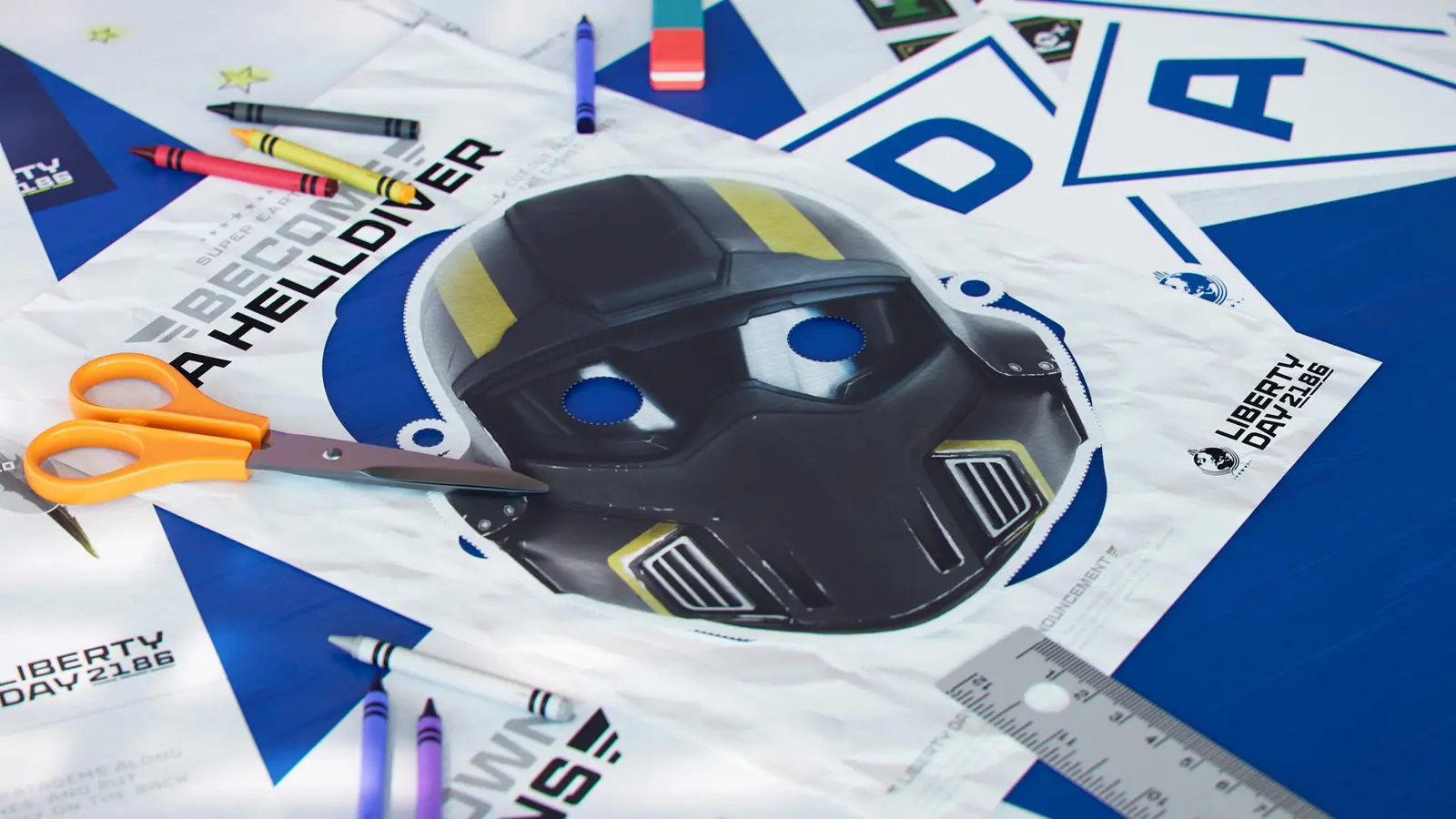 Máscara de casco de papel, banderines y materiales de manualidades del Día de la Libertad de Helldivers 2