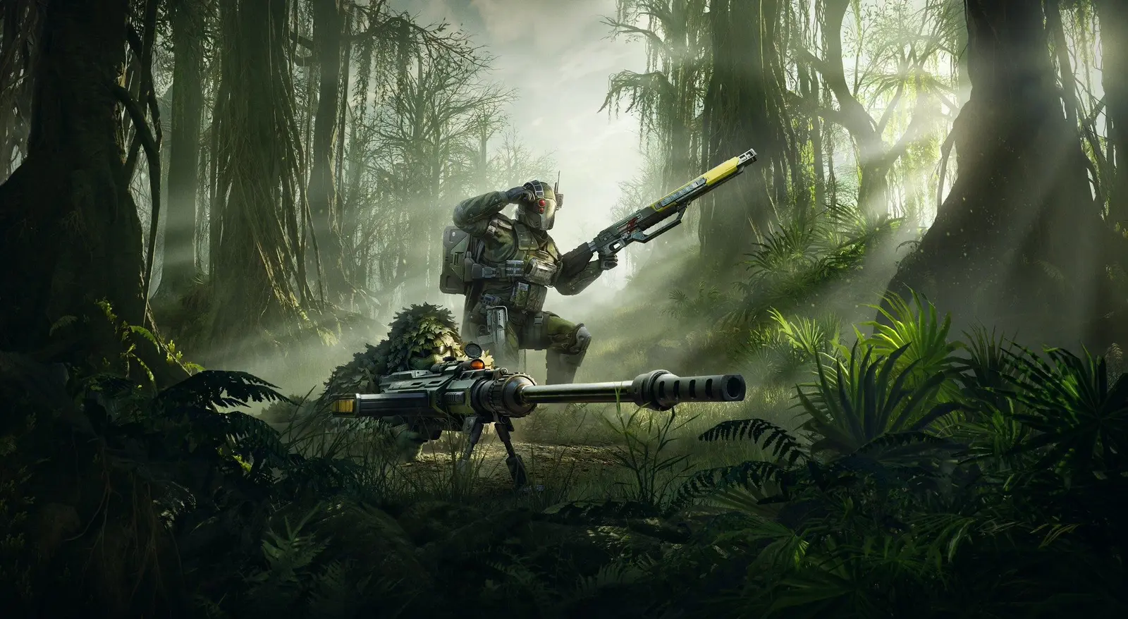 Helldivers 2 soldier with a sniper rifle in a misty jungle