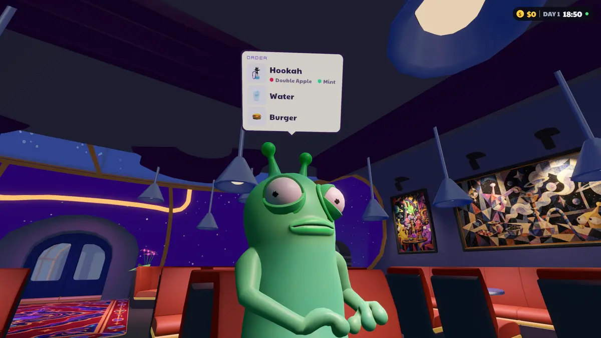 A green alien customer standing at the counter with an order bubble listing hookah, water and a burger
