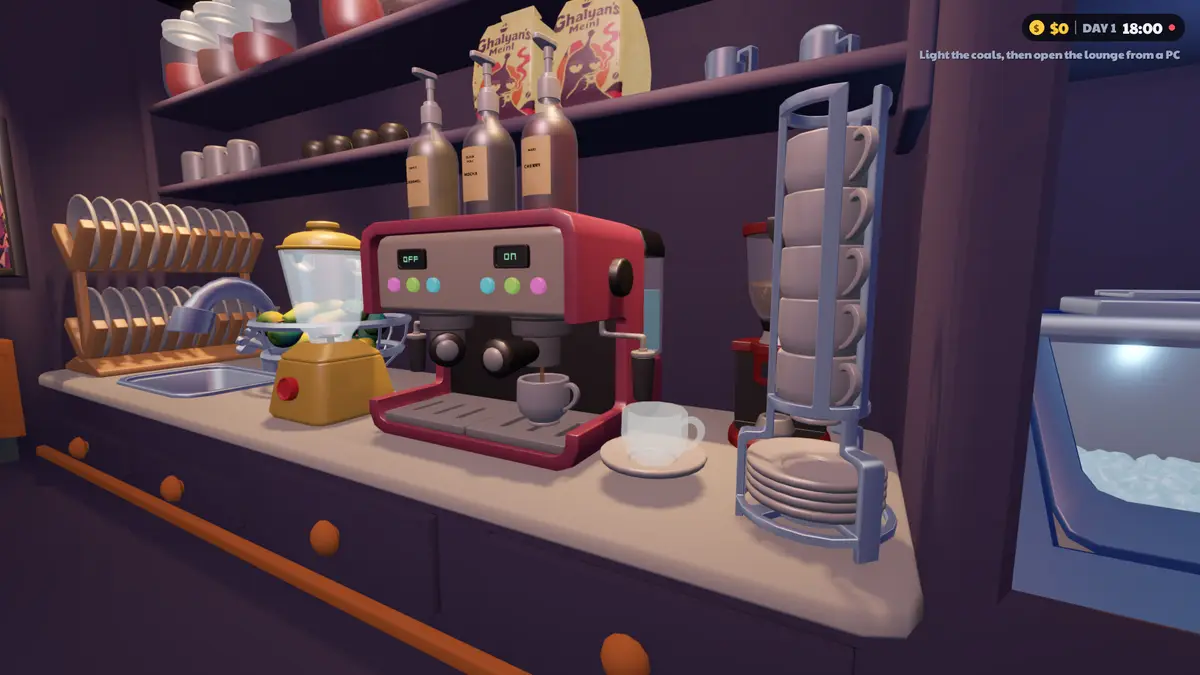 The lounge kitchen area with an espresso machine, a blender, cups and plates on the shelves