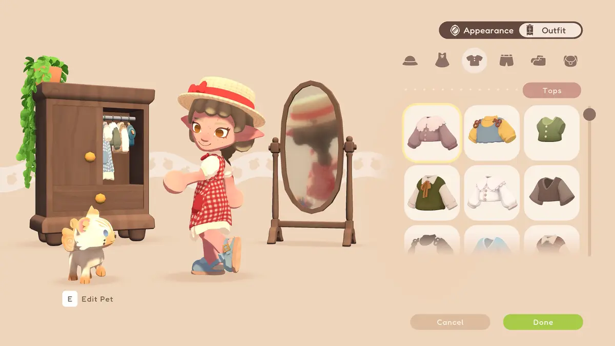 The character customisation screen with outfits in Humblets