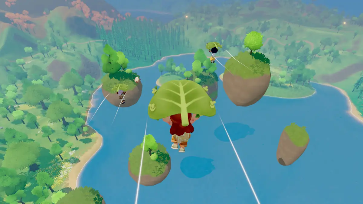A character gliding over floating islands and a lake in Humblets