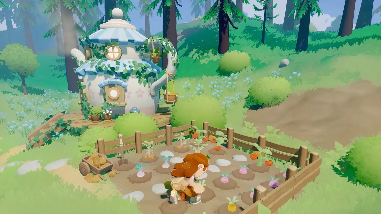 A humblet character tends a vegetable patch beside a teapot shaped cottage in Humblets