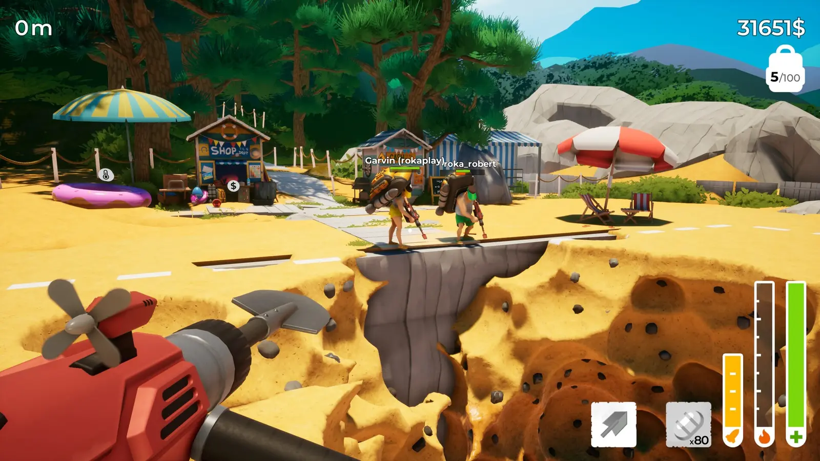 A Game About Digging A Hole Together에서 햇살 좋은 해변에 큰 구덩이를 파는 플레이어들