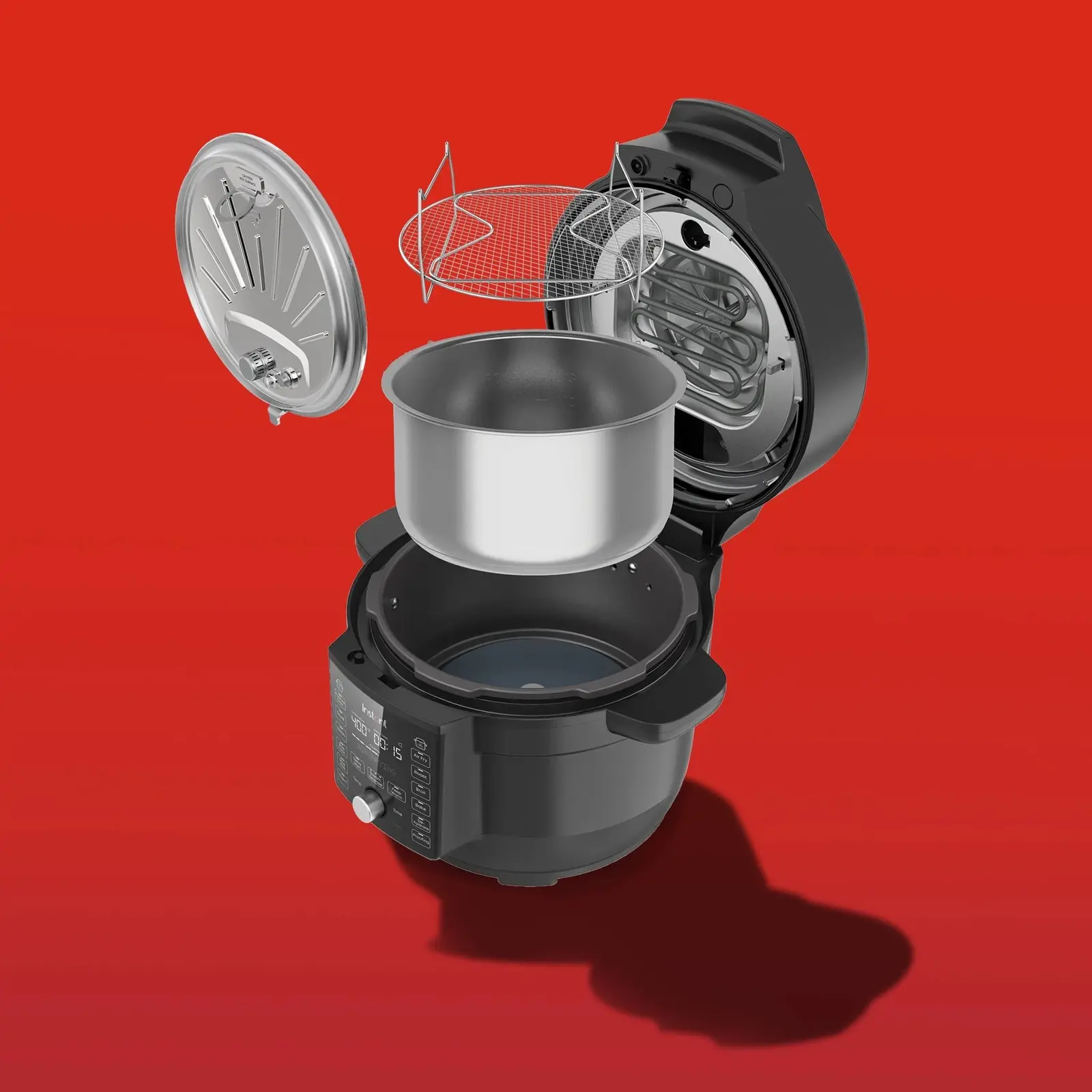 Instant Pot Duo Crisp multi-cooker with its single lid, inner cover and air frying rack