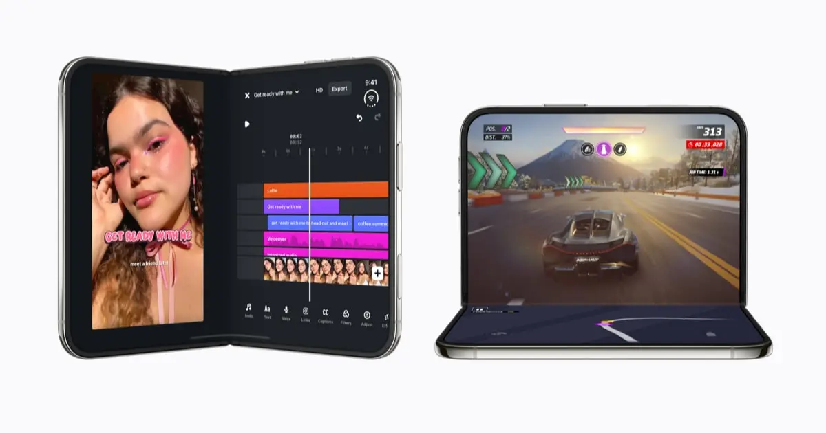 Two iPhone Duo units showing a video editing app and a racing game on the inner display