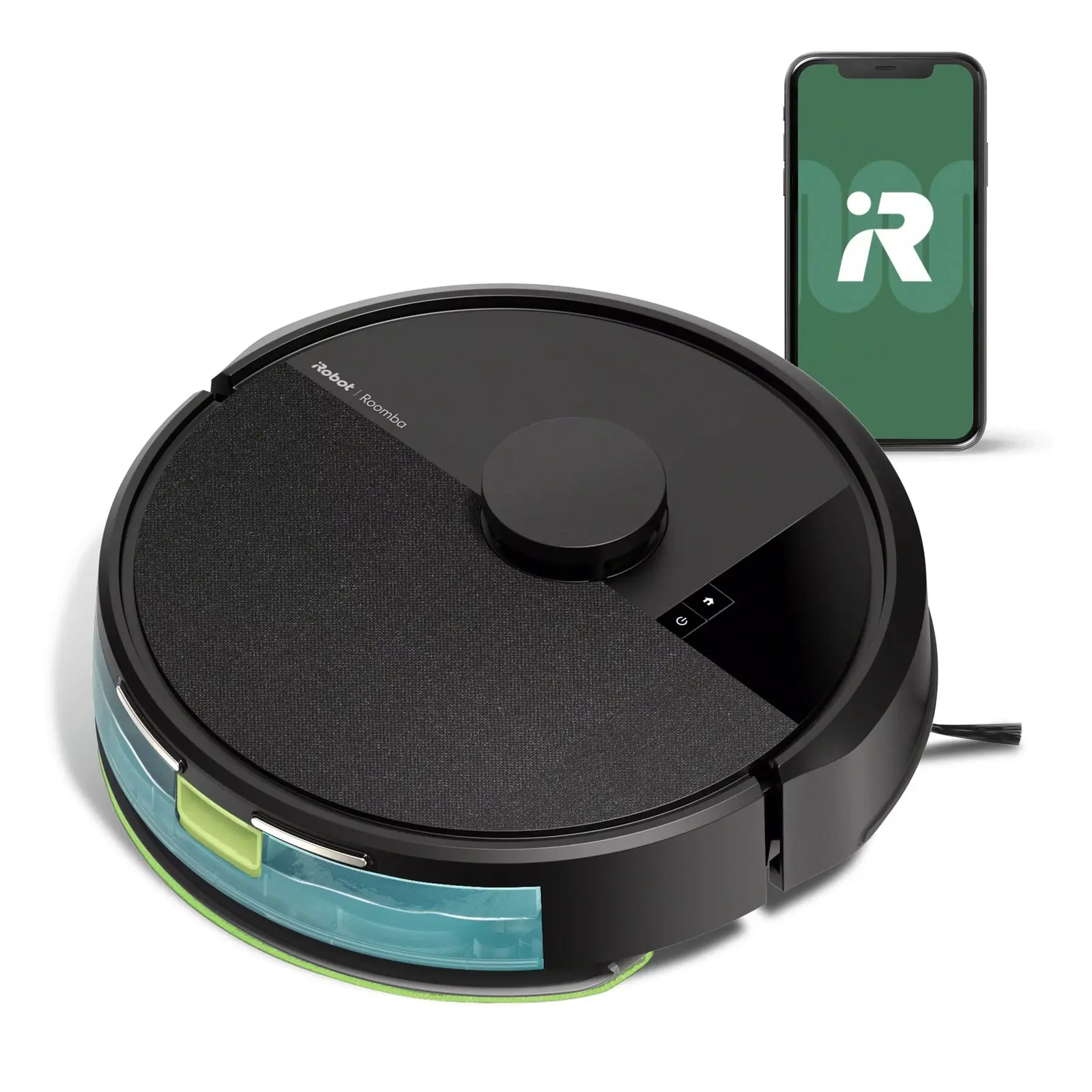 Robot iRobot Roomba 105 Combo màu đen cạnh điện thoại hiển thị ứng dụng iRobot