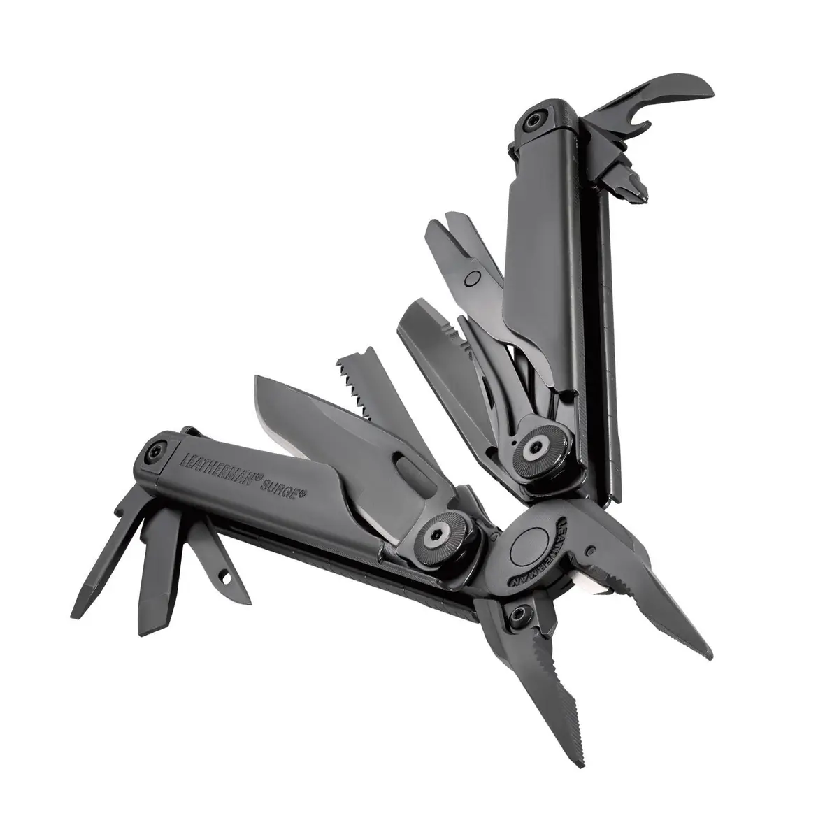 Leatherman Surge in black, opened to show its pliers and outside tools