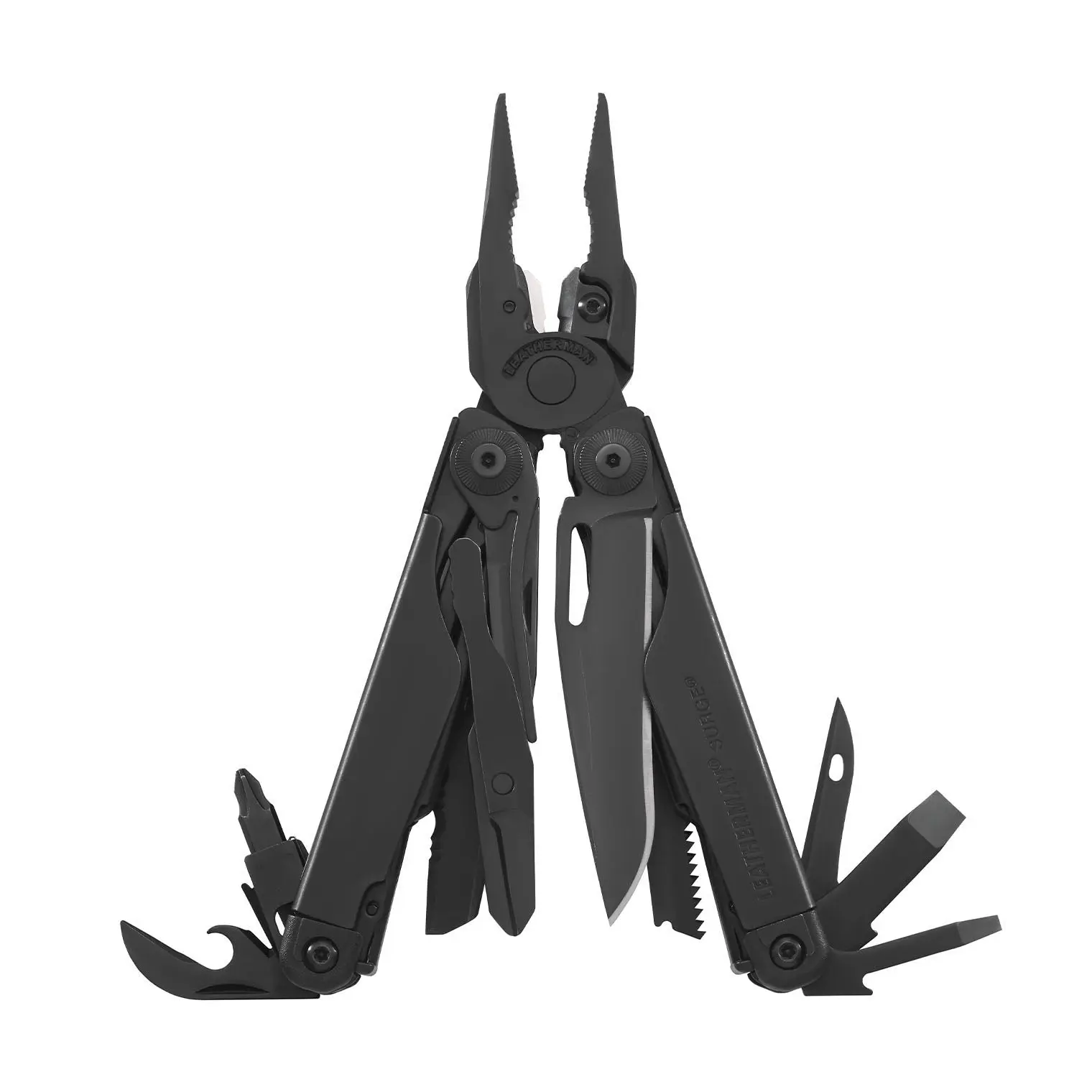 Black Leatherman Surge multi-tool opened to show its pliers, blades and other tools