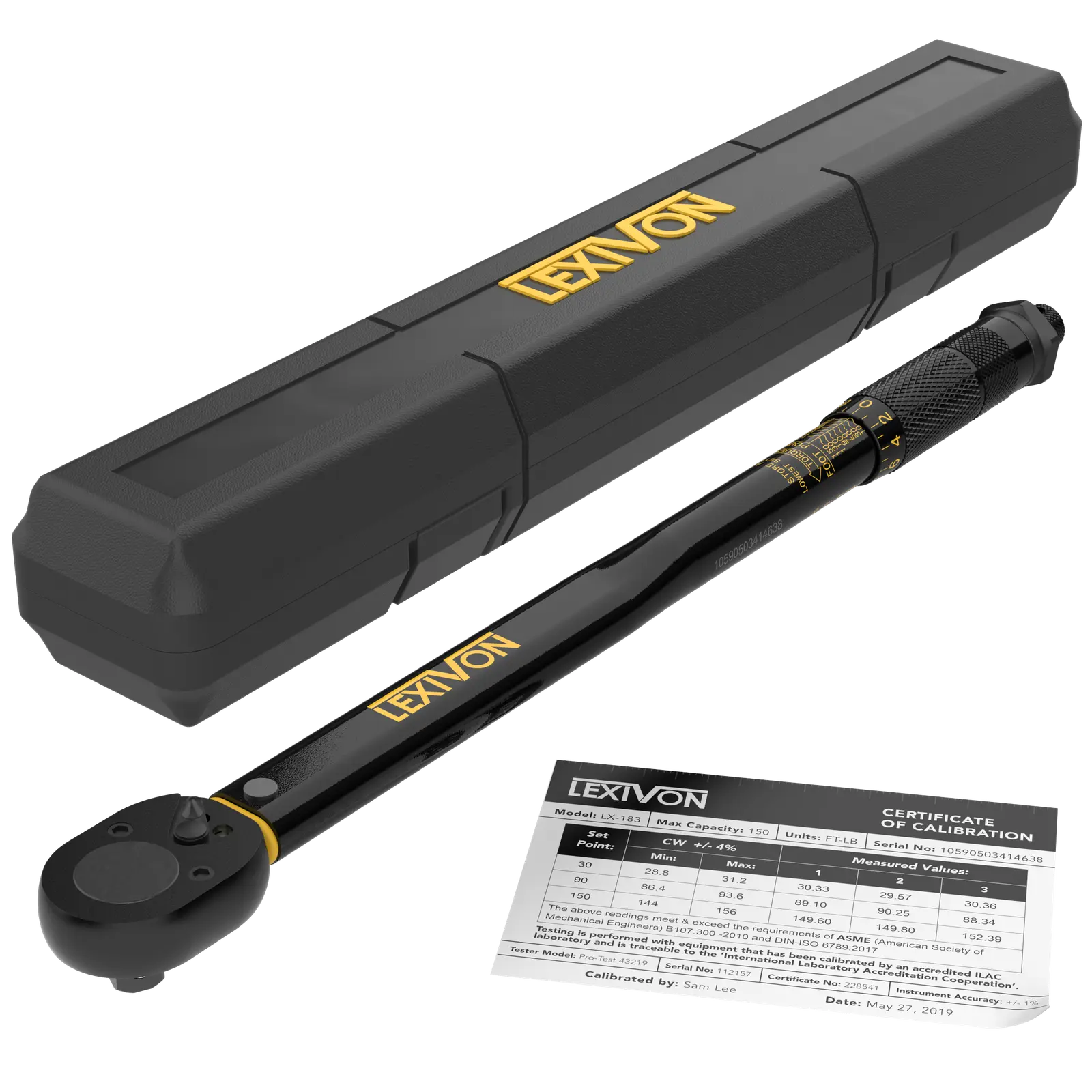 Lexivon LX-183 click torque wrench with its storage case and calibration certificate