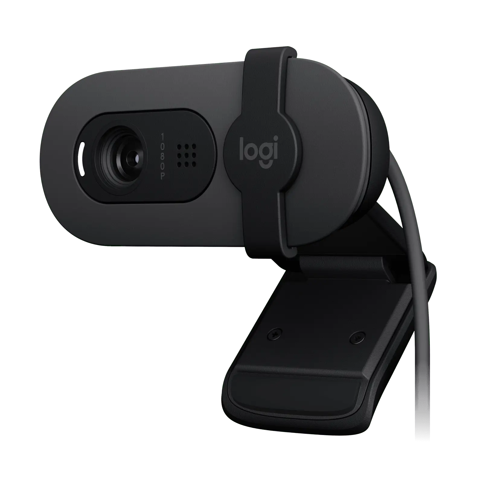 Logitech Brio 100 Full HD webcam in graphite on a black background