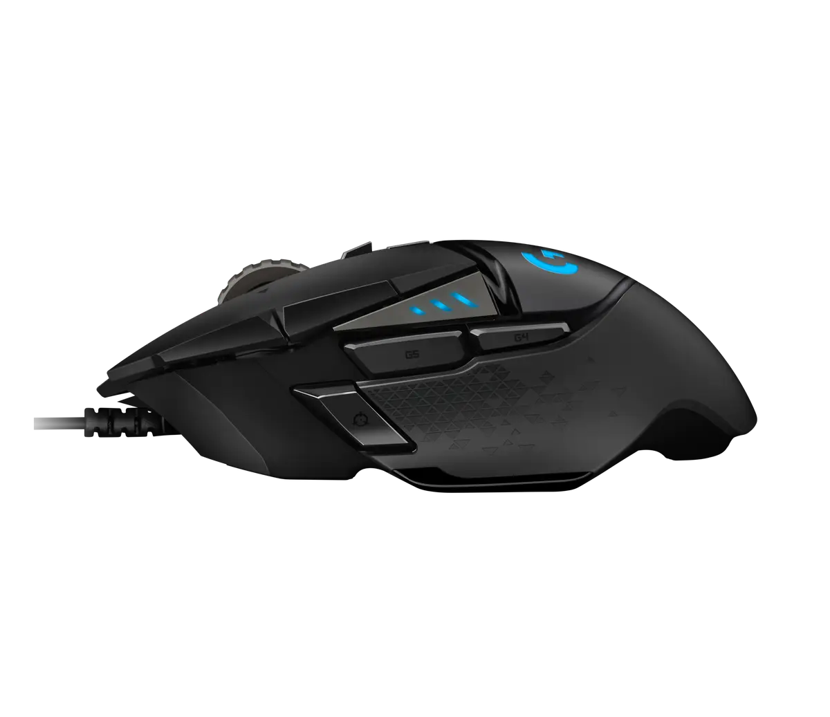 Logitech G502 HERO mouse from a low left angle with its cable