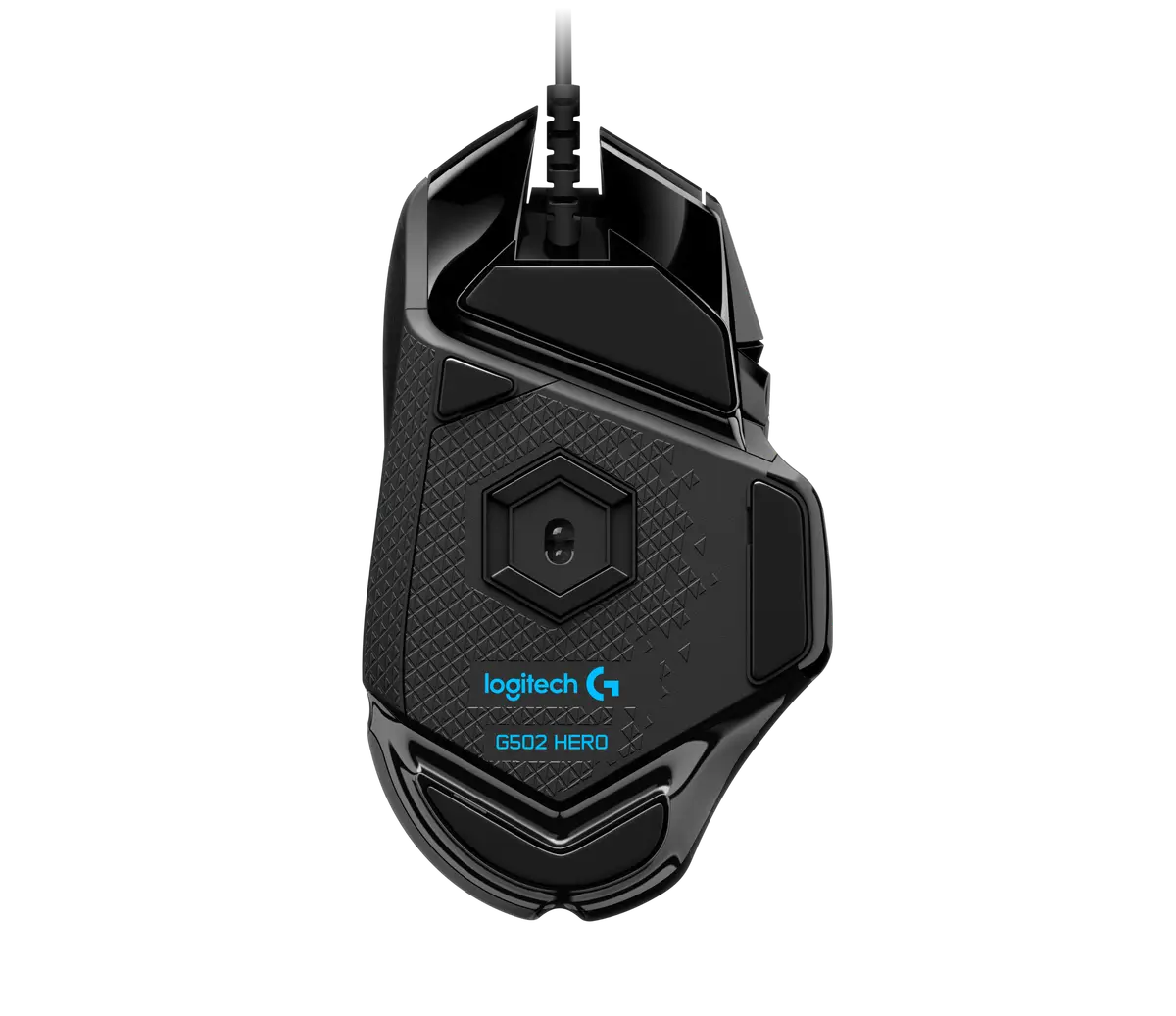 Underside of the Logitech G502 HERO mouse with its model name