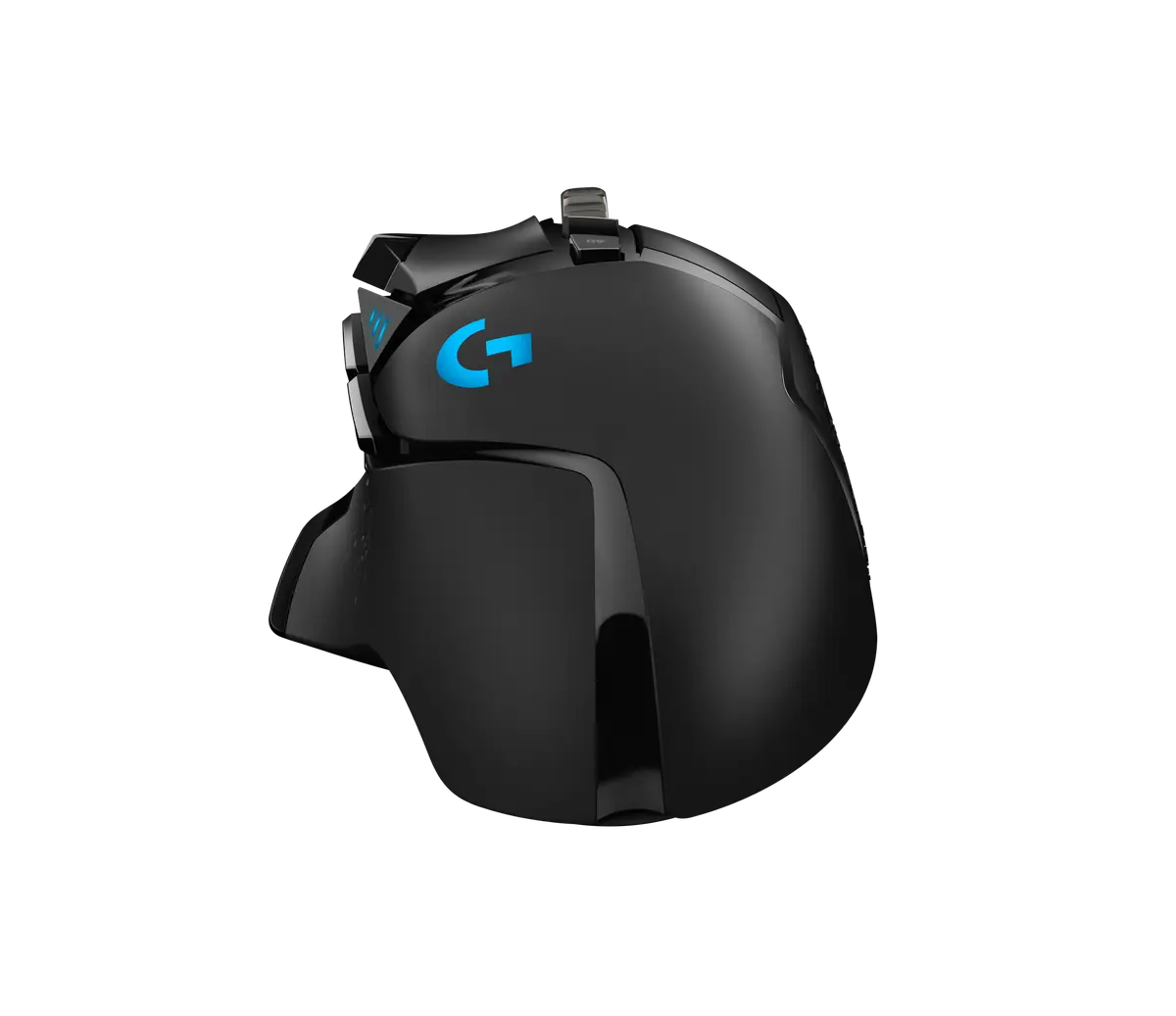 Logitech G502 HERO mouse from a high rear angle