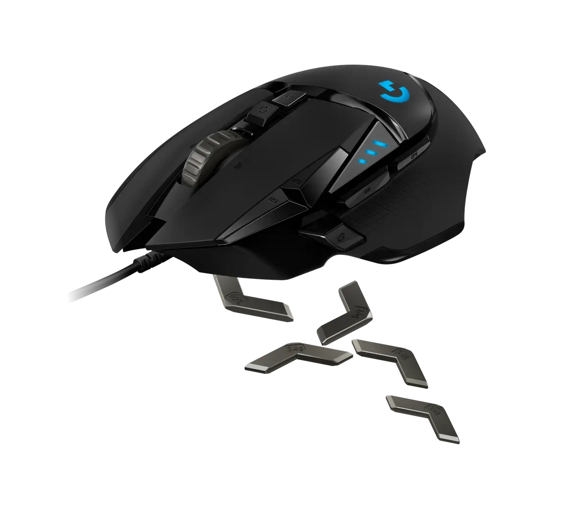 Logitech G502 HERO mouse with its adjustable weights laid out beside it