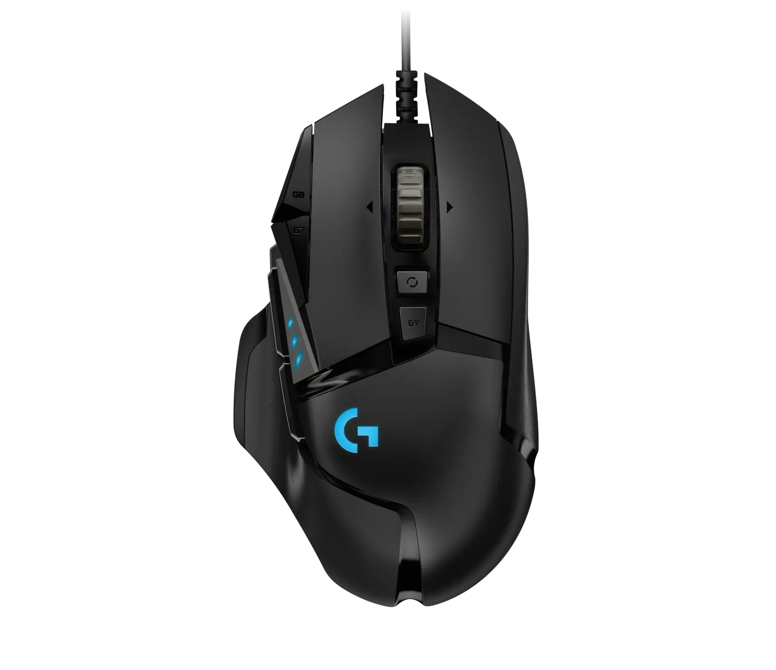 Logitech G502 HERO wired gaming mouse seen from above with blue G logo