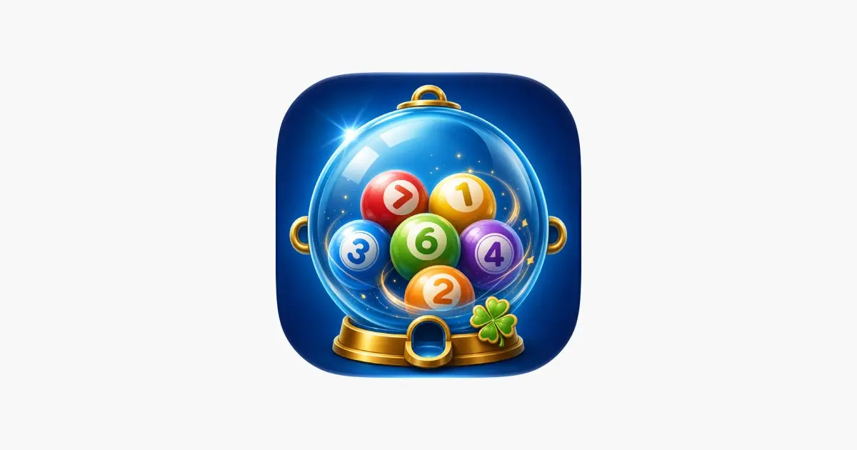 Biểu tượng ứng dụng Lucky 7 Machines với các quả bóng đánh số trong lồng kính