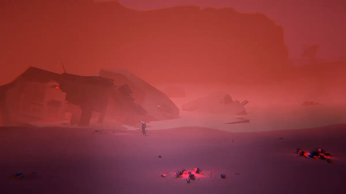 A crashed spaceship and scattered debris on a red, hazy planet