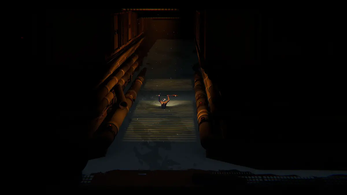 A lone explorer in a dark, narrow corridor of an abandoned facility