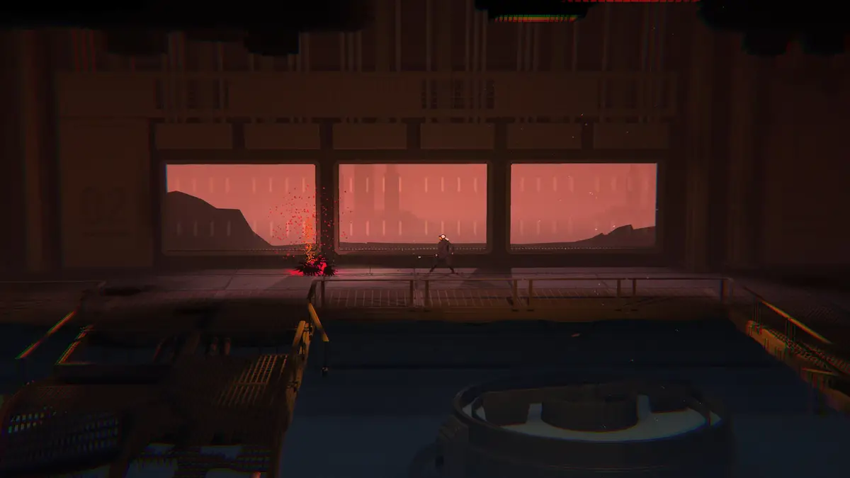 Inside an outpost with large windows looking out on the red landscape