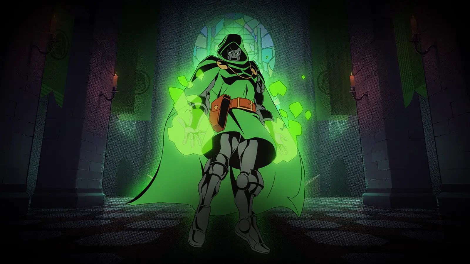 Doctor Doom wearing a green cloak and glowing with green energy inside a gothic castle hall