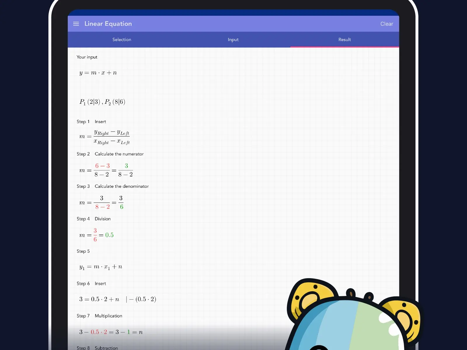 Math Middle & High School PRO on iPad showing a linear equation solved step by step