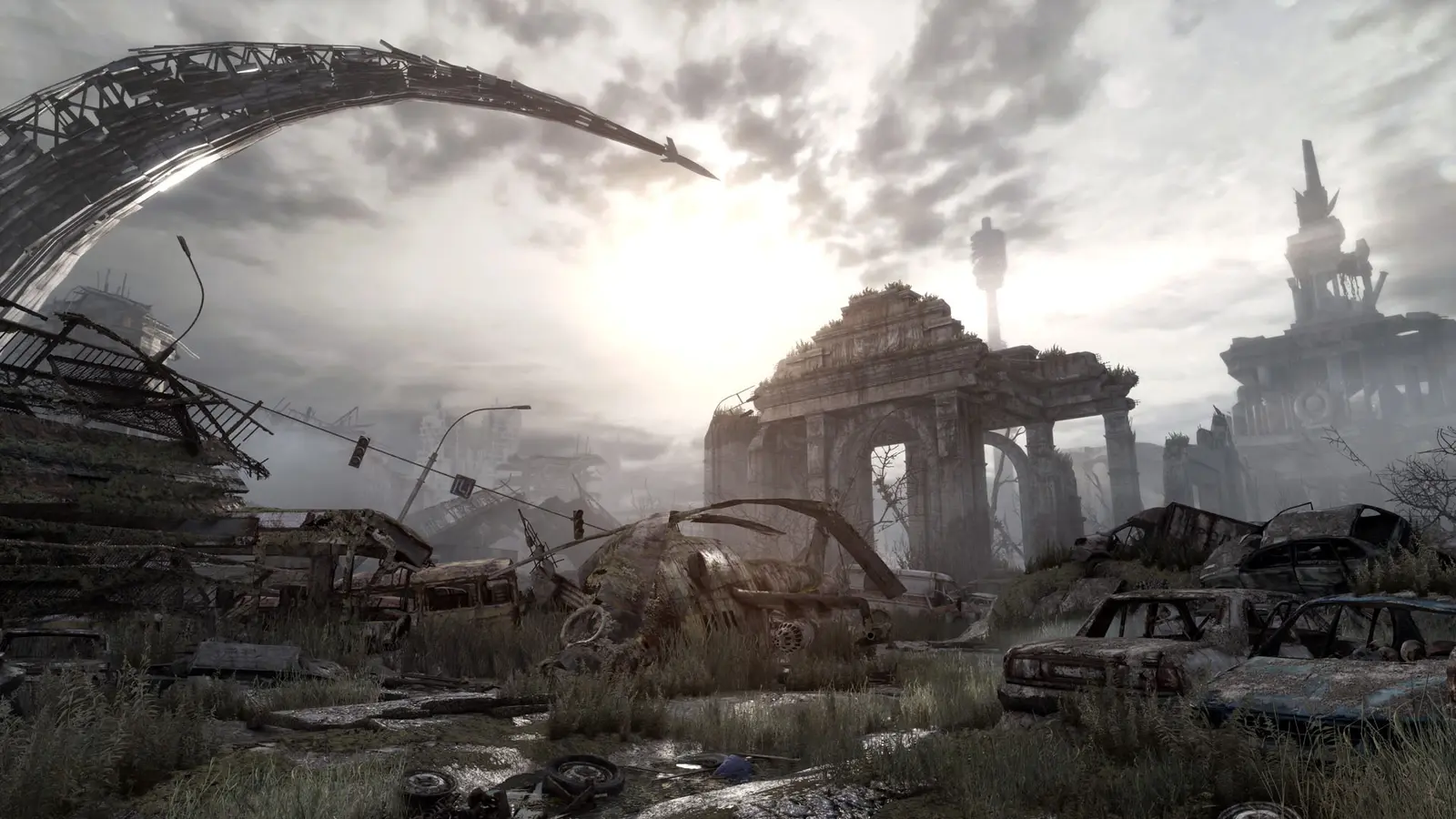Ruined archway and wrecked cars in a wasteland scene from METRO Redux