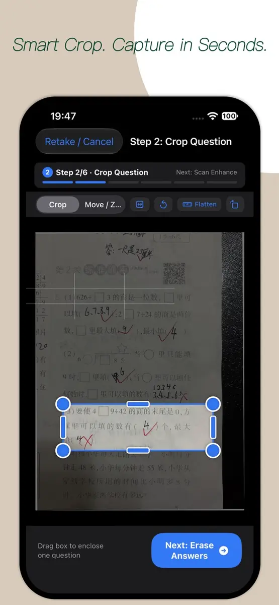 MindCheck screen for cropping one test question from a photo