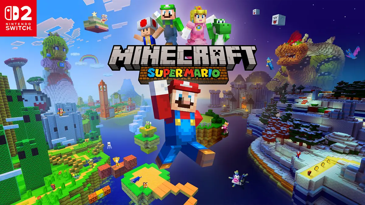 Minecraft Super Mario Mash-Up Pack key art with Mario, Peach and Bowser built from blocks