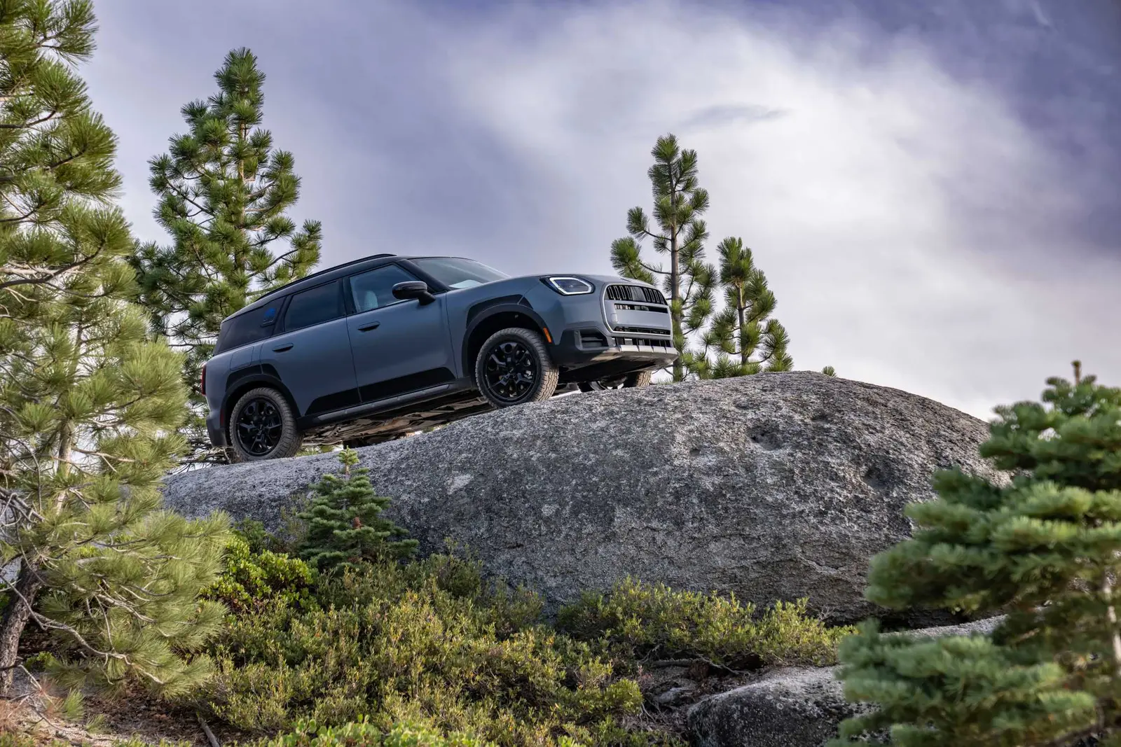 Grey MINI Countryman Untamed Edition parked on a rocky hillside among pine trees