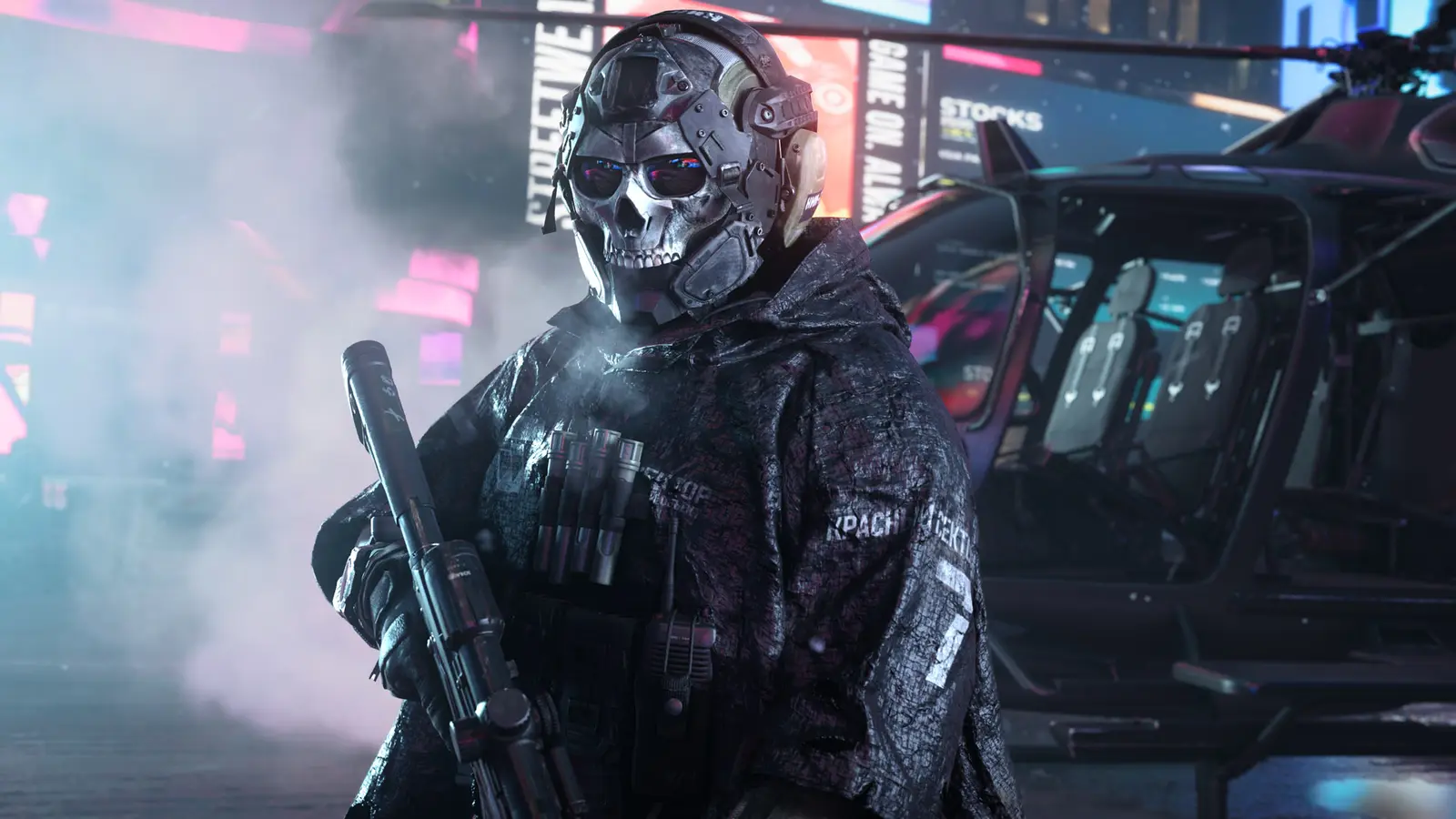 A masked operator in tactical gear stands in a smoky city street next to a helicopter in Call of Duty: Modern Warfare 4