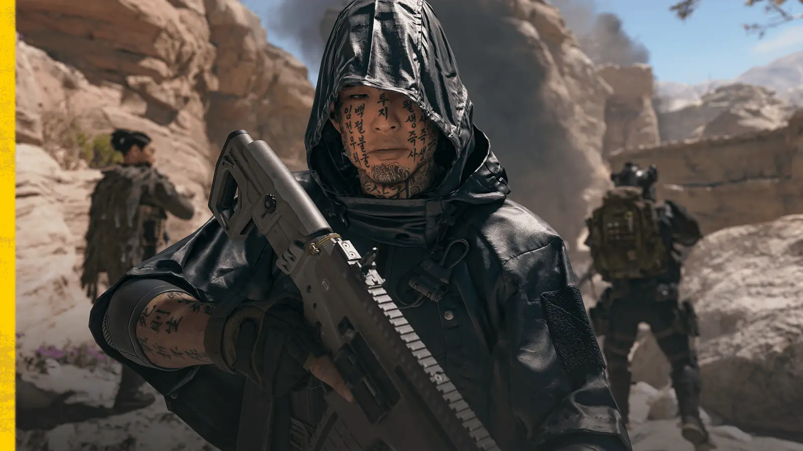 Hooded Operator holding a rifle in a rocky canyon from Modern Warfare 4 Season 1