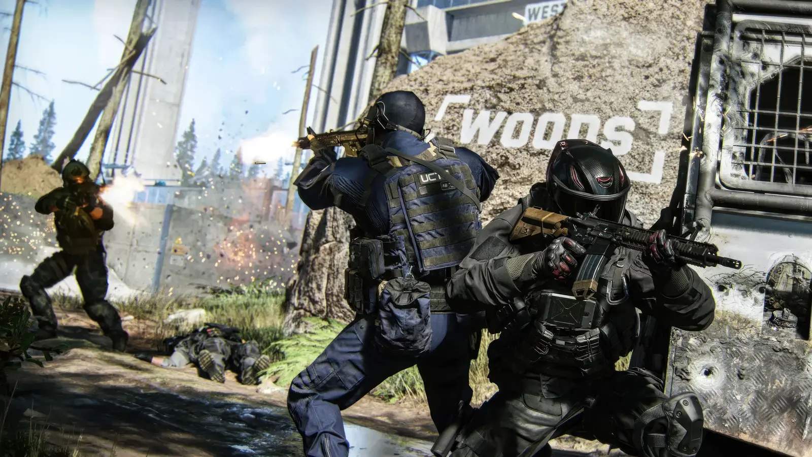 Operators in tactical gear fighting near a shipping container in Call of Duty: Modern Warfare 4