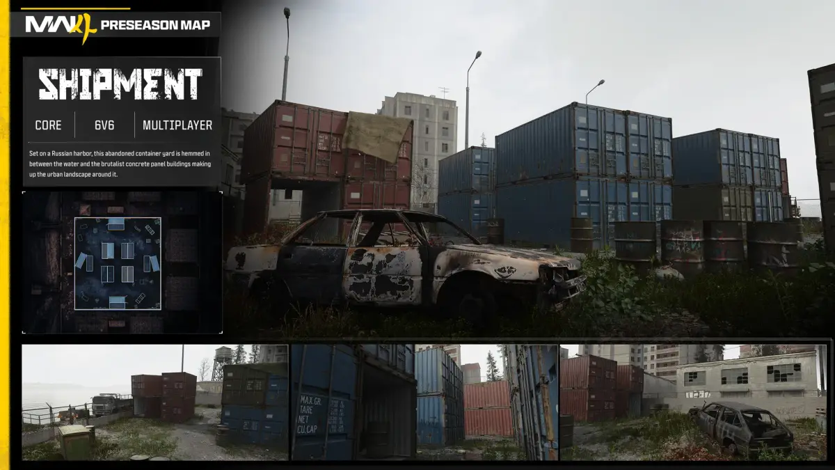 Official Shipment map card showing stacked shipping containers and a burnt out car