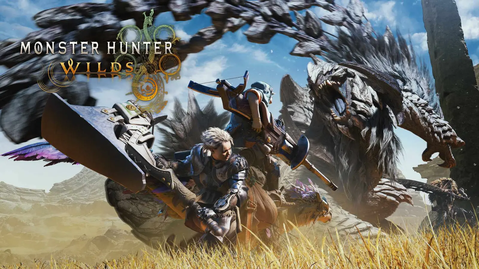 Monster Hunter Wilds key art showing hunters charging a large monster