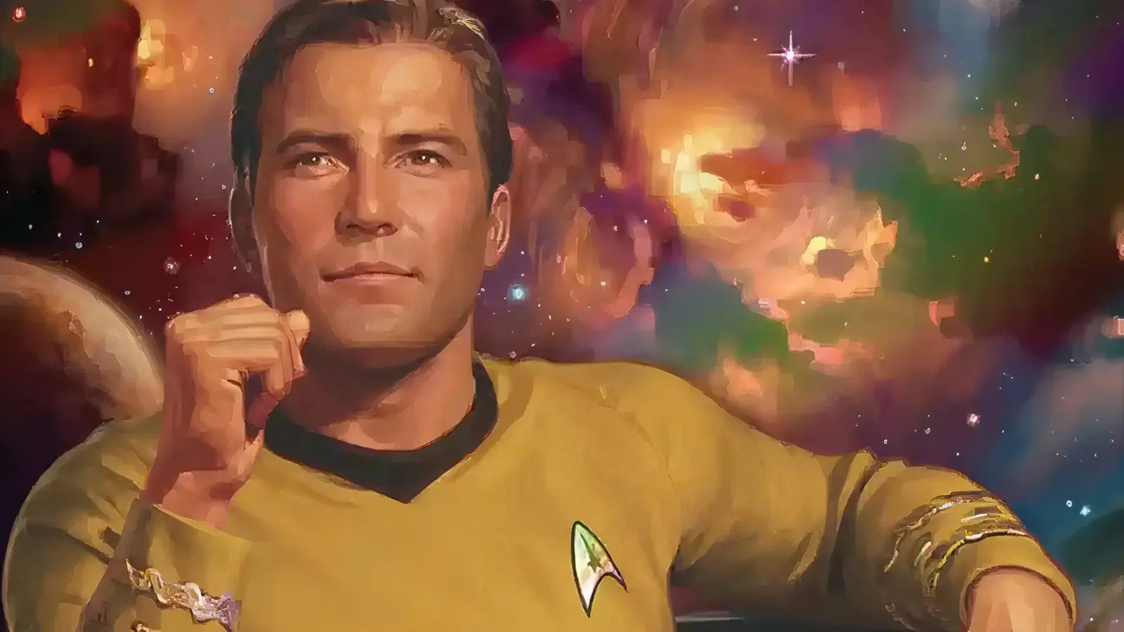 Hình minh họa thuyền trưởng Kirk trong bộ đồng phục Starfleet màu vàng trước tinh vân nhiều màu